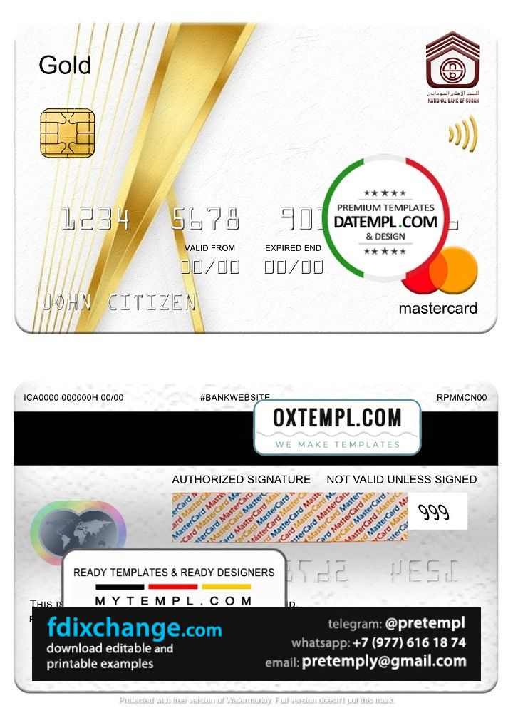download Sudan National Bank mastercard gold, fully editable template free fonts