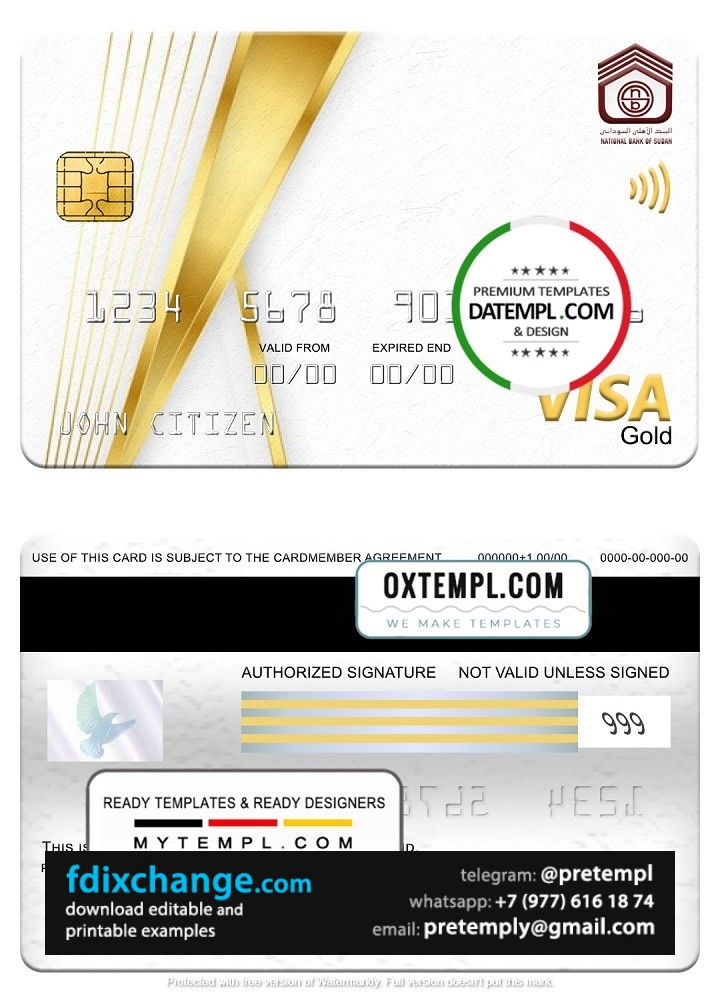 download Sudan National Bank visa gold card, fully editable template free fonts