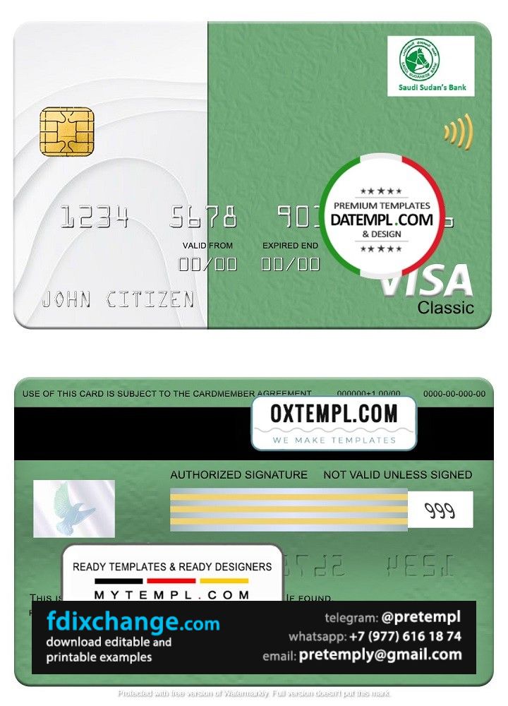 download Sudan Saudi Sudanese Bank visa classic card, fully editable template free fonts