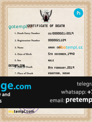 download Sudan death certificate template free fonts, completely editable
