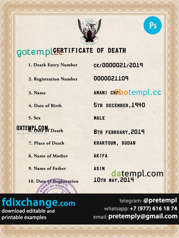download Sudan death certificate template free fonts, completely editable