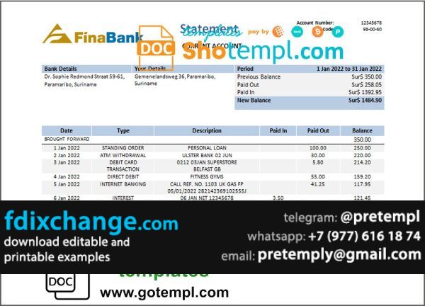 download Suriname Finabank bank statement template free fonts