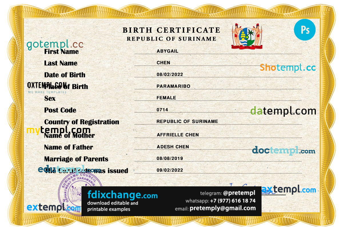 download Suriname birth certificate template free fonts, completely editable