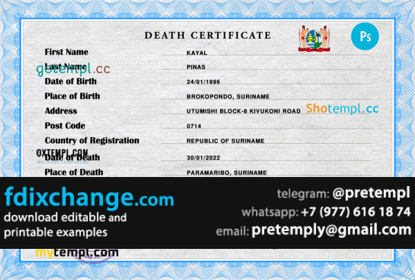 download Suriname vital record death certificate template free fonts, completely editable