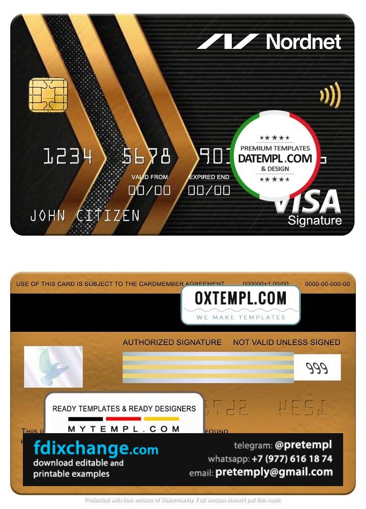 download Sweden Nordnet AB bank visa signature card, fully editable template free fonts