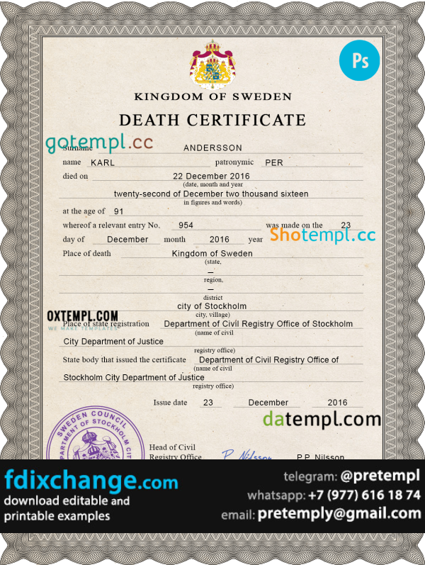 download Sweden vital record death certificate template free fonts