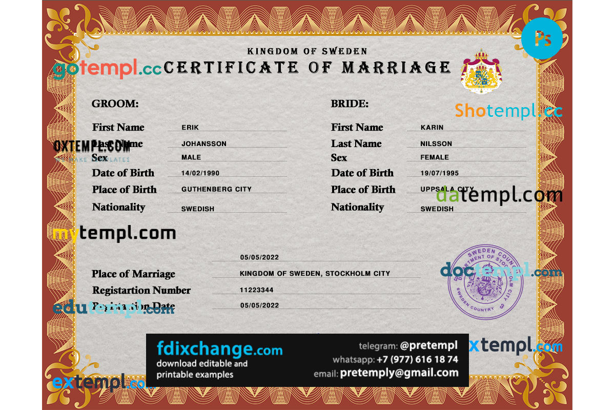 download Sweden marriage certificate template free fonts