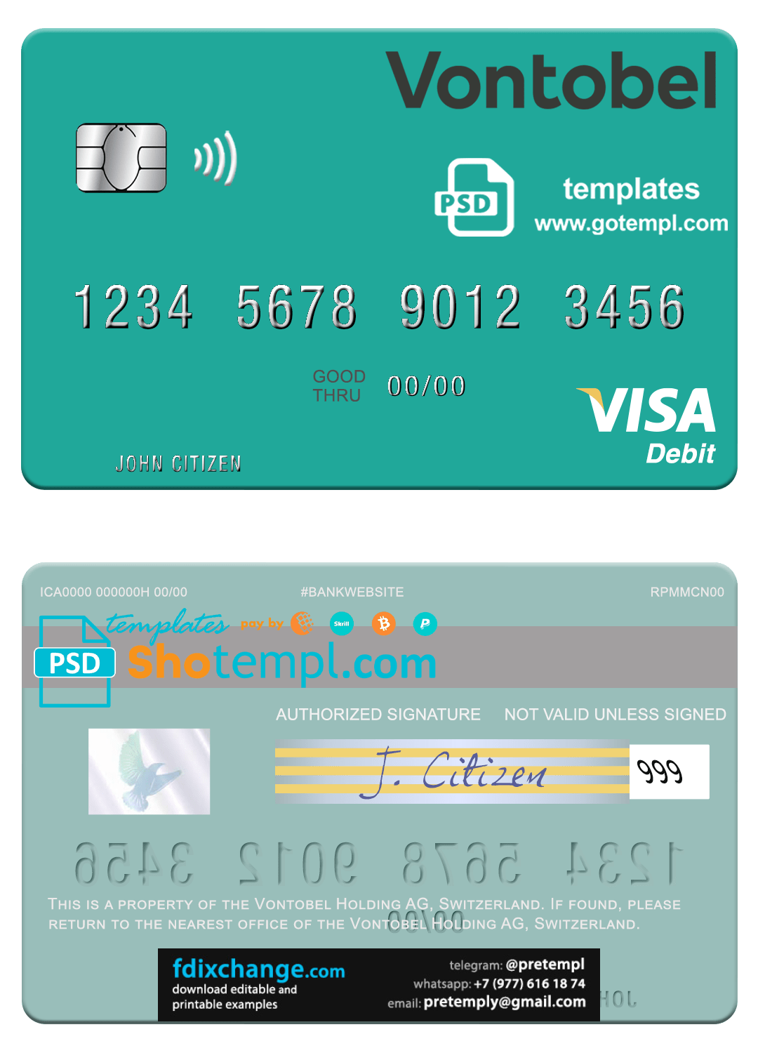 download Switzerland Vontobel Holding AG visa debit card template in PSD format