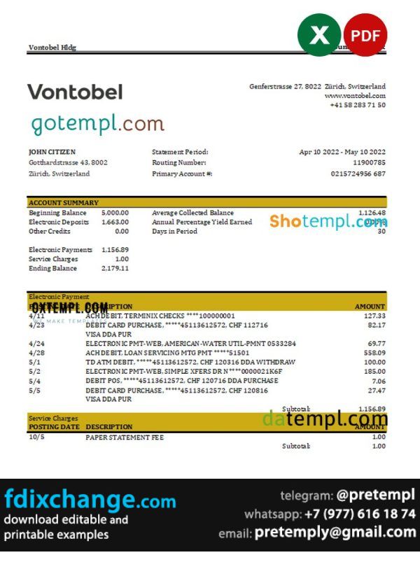 download Switzerland Vontobel bank statement, template free fonts
