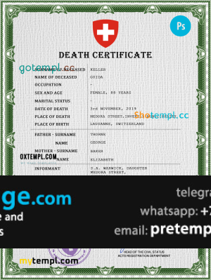 download Switzerland death certificate template free fonts, completely editable