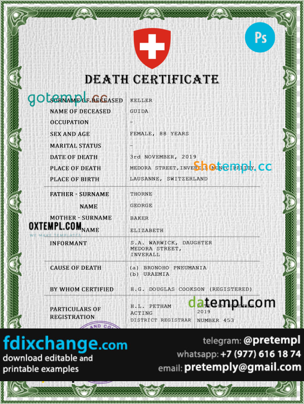 download Switzerland death certificate template free fonts, completely editable