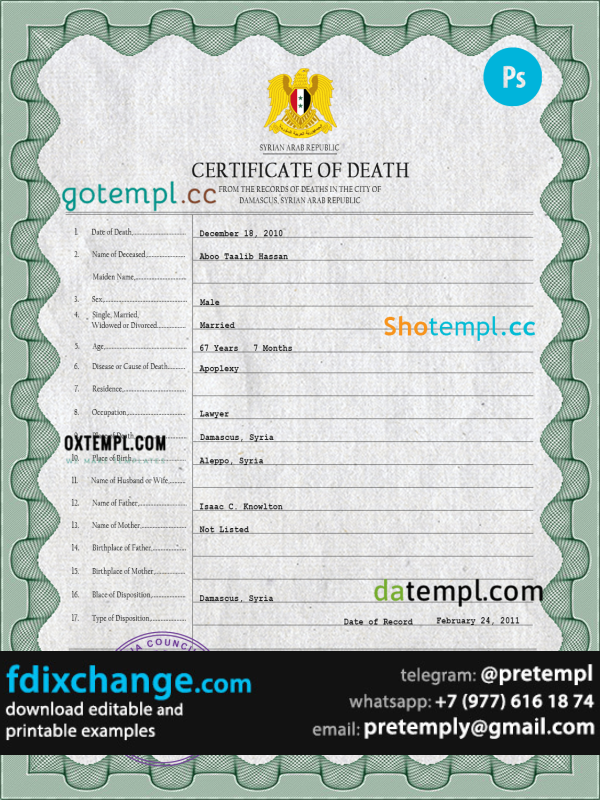 download Syria vital record death certificate template free fonts