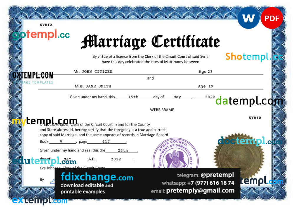 download Syria marriage certificate template free fonts, fully editable