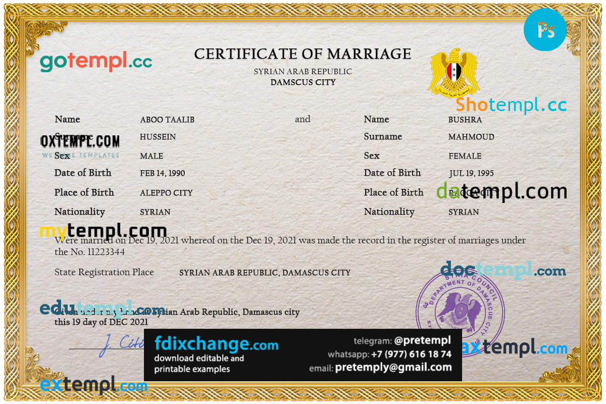 download Syria marriage certificate template free fonts