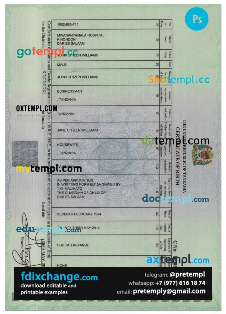 download Tanzania birth certificate template free fonts, completely editable, version 2