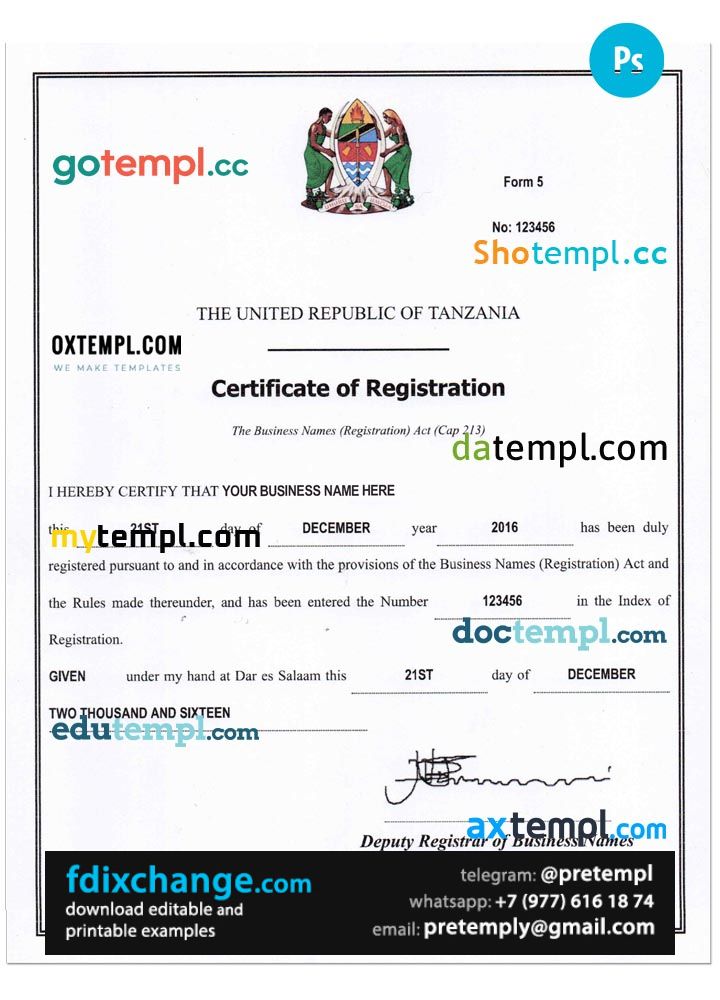 download Tanzania business registration certificate template free fonts