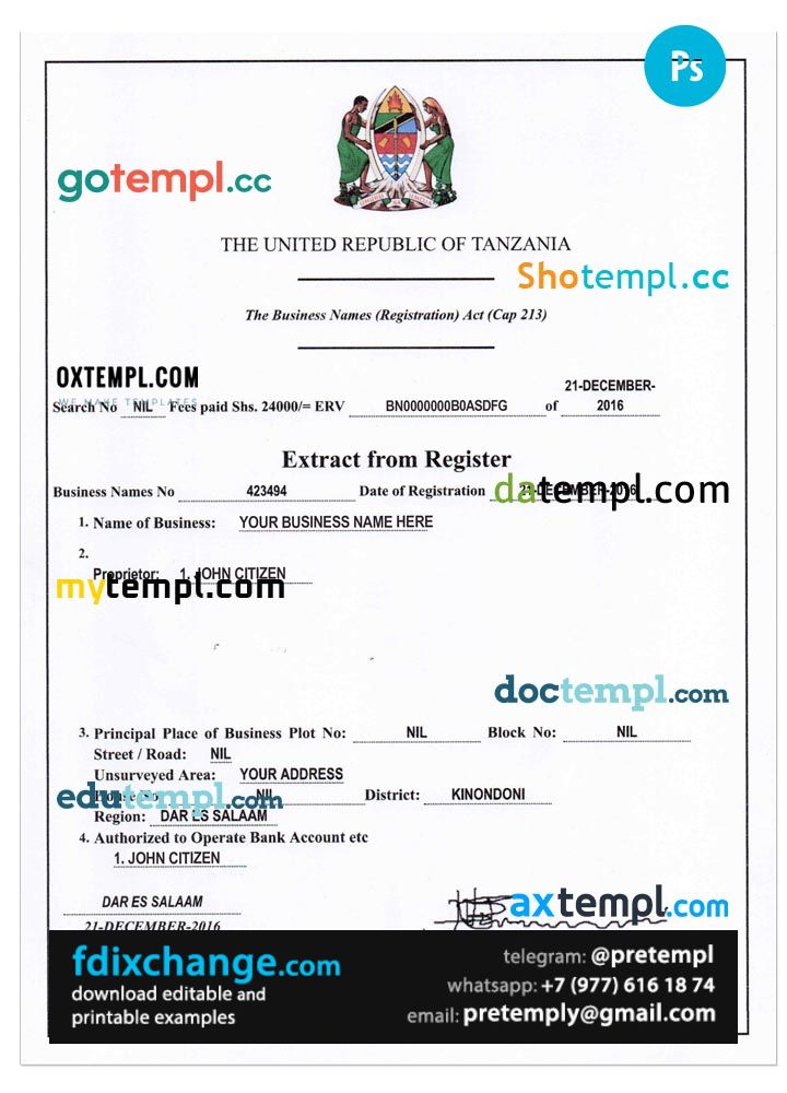 download Tanzania business registration certificate template free fonts, version 2
