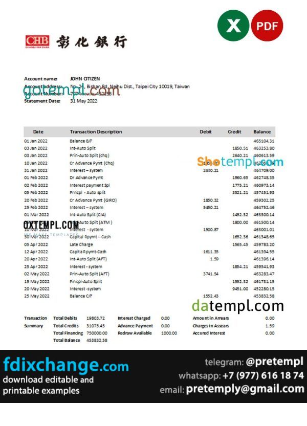 download Taiwan Chang Hwa Bank statement, template free fonts