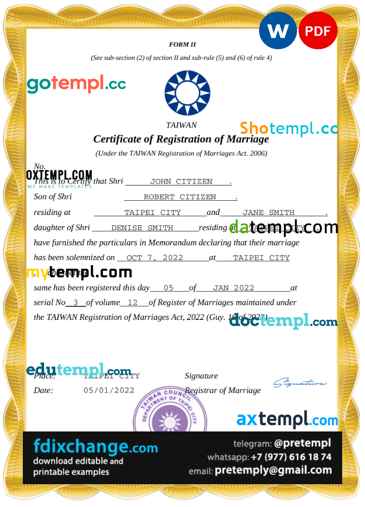 download Taiwan marriage certificate template free fonts, completely editable
