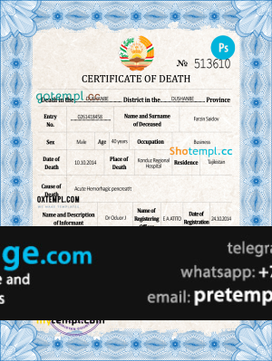 download Tajikistan vital record death certificate template free fonts, completely editable