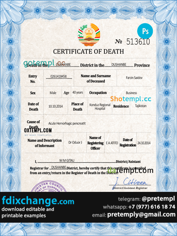 download Tajikistan vital record death certificate template free fonts, completely editable