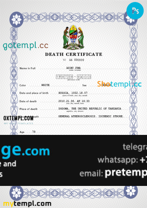 download Tanzania vital record death certificate template free fonts