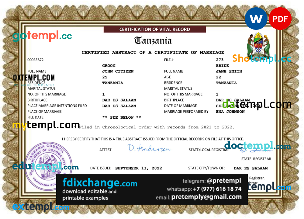 download Tanzania marriage certificate template free fonts, completely editable