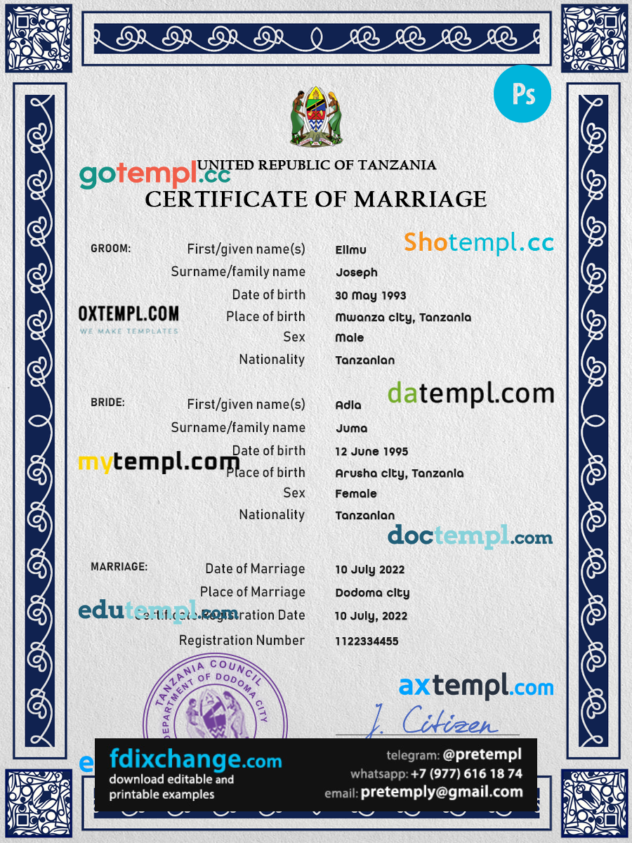download Tanzania marriage certificate template free fonts
