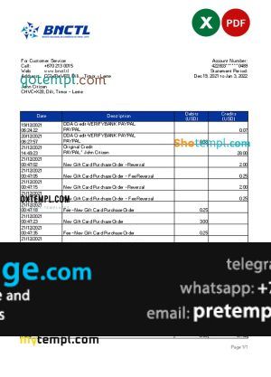 download Timor-Leste BNCTL bank statement, template free fonts