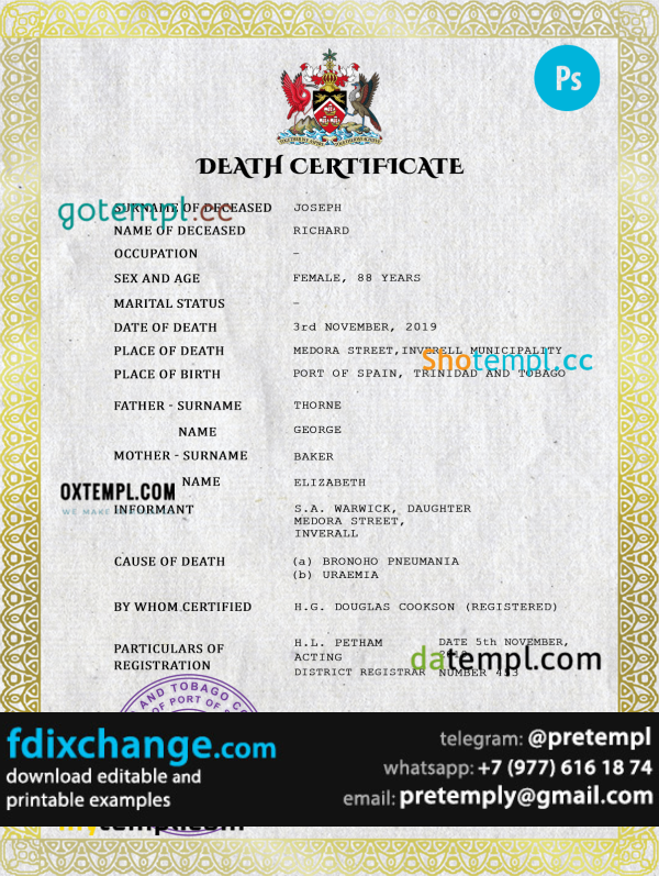 download Trinidad and Tobago vital record death certificate template free fonts, completely editable