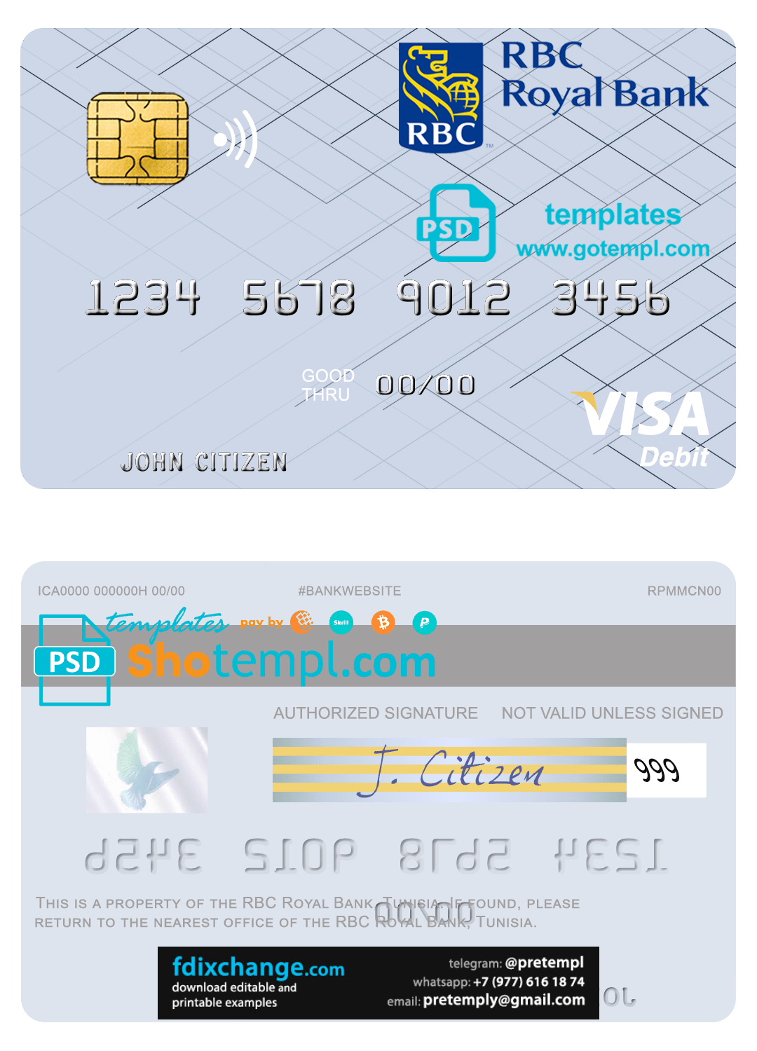download Tunisia RBC Royal Bank visa debit card template free fonts