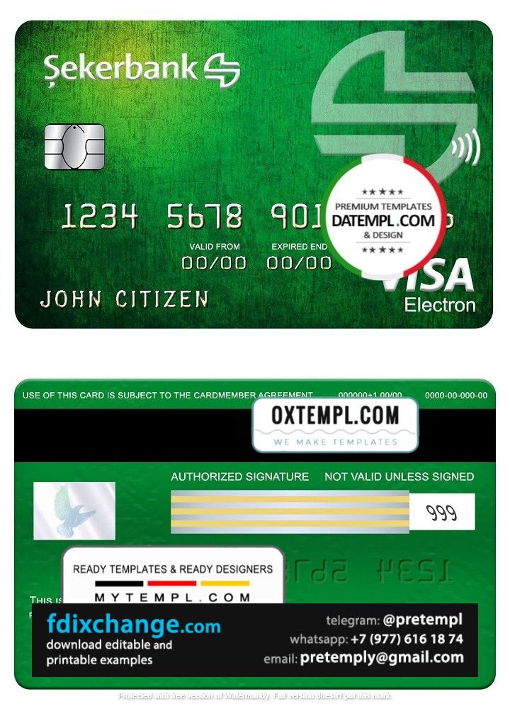 download Turkey Sekerbank visa electron card, fully editable template free fonts