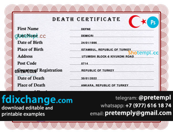 download Turkey death certificate template free fonts, completely editable