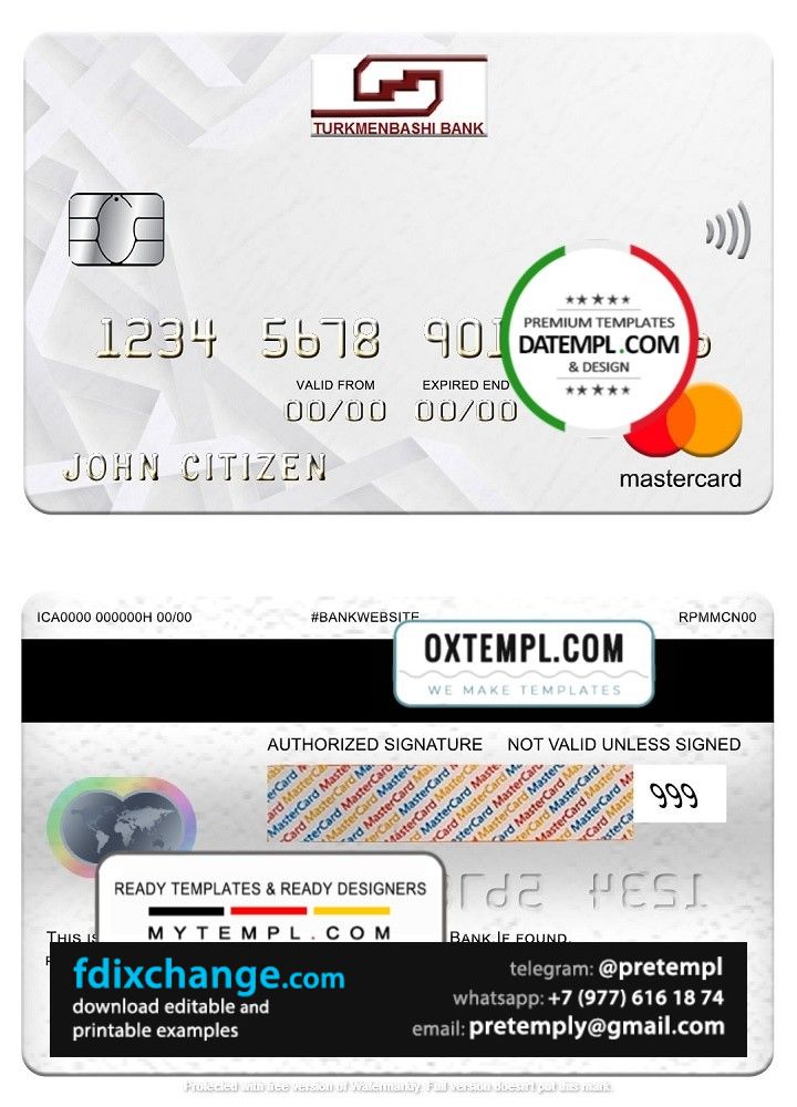 download Turkmenistan Turkmenbashi Bank mastercard, fully editable template free fonts