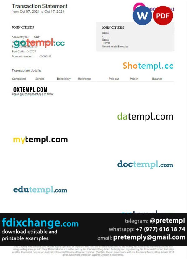 download UAE COPELLA PAY bank statement template free fonts