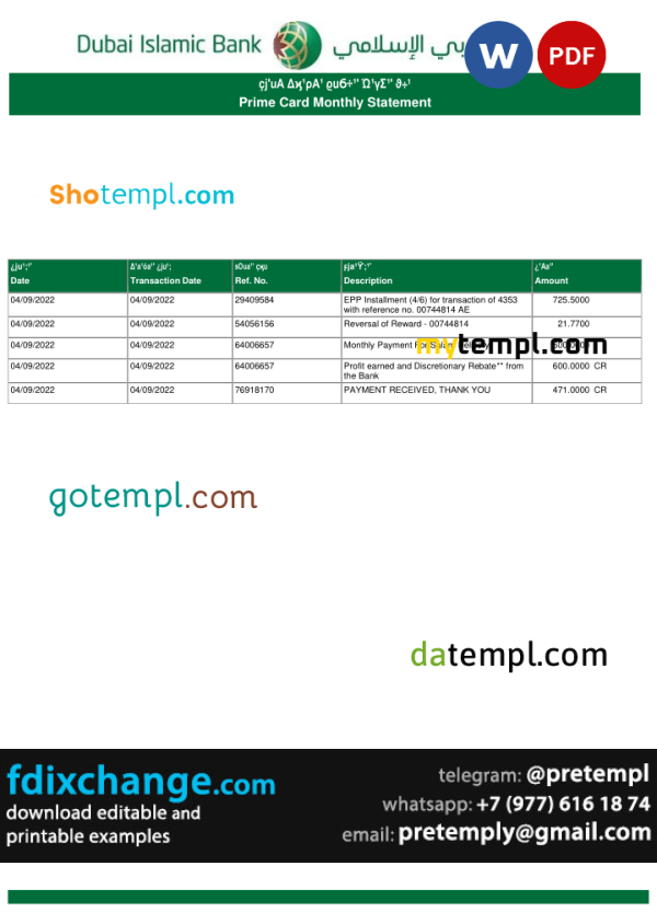 download UAE Dubai Islamic bank statement template free fonts, 3 pages - Image 2