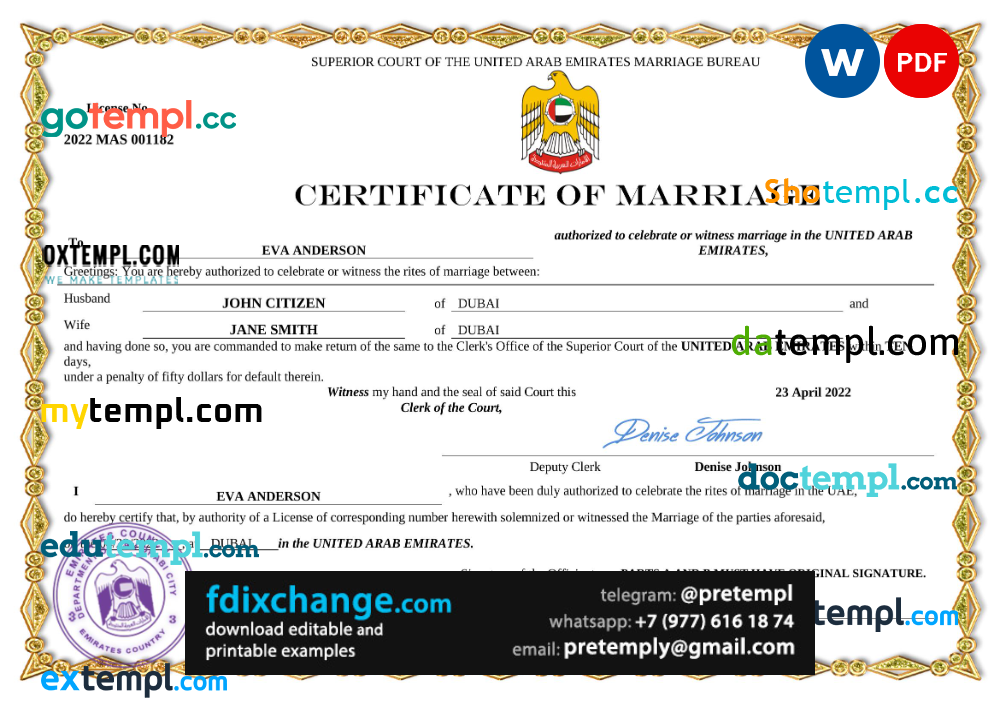download UAE marriage certificate template free fonts, fully editable