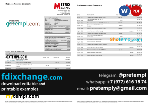 download United Kingdom Metro bank business account statement template free fonts, 4 pages