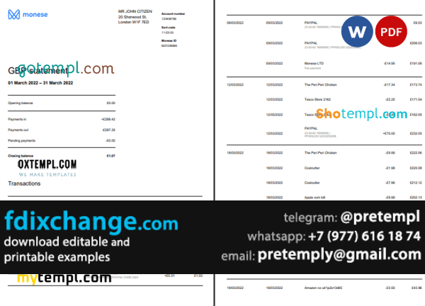 download United Kingdom Monese bank statement template free fonts, 3 pages