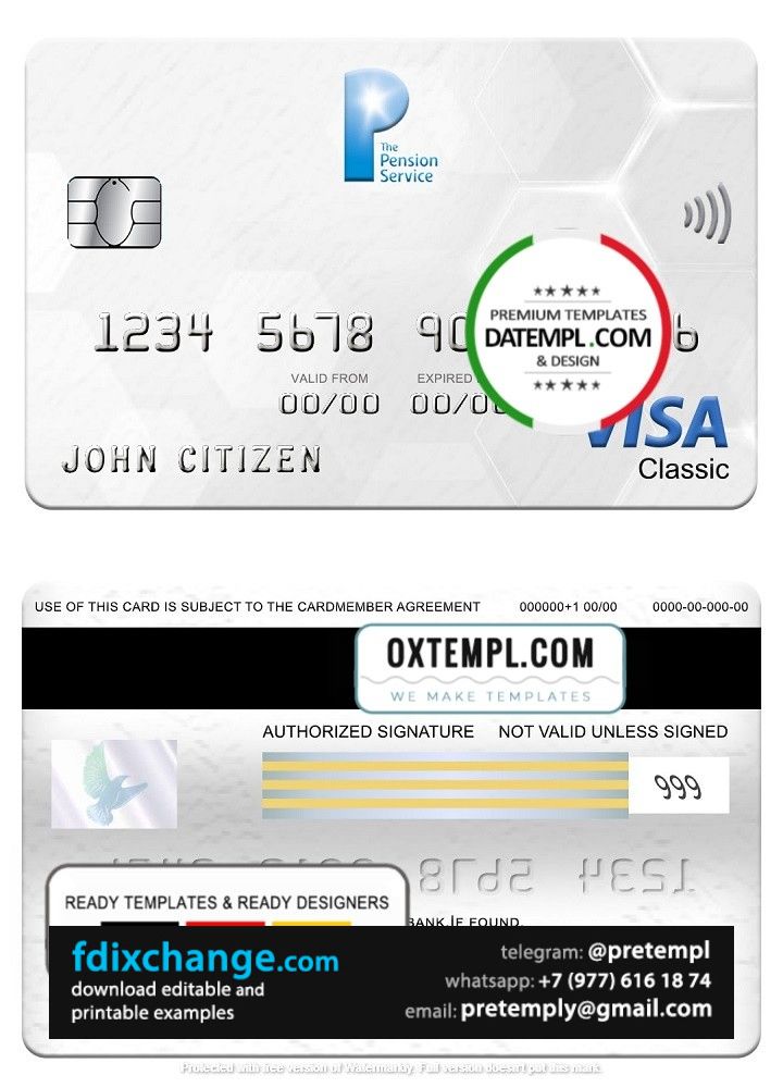 download United Kingdom The Pension Service bank visa classic card, fully editable template free fonts