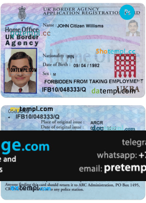 download UNITED KINGDOM border agency application registration card template free fonts