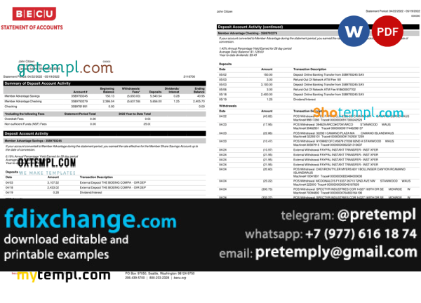 download USA BECU bank statement, template free fonts, 4 pages