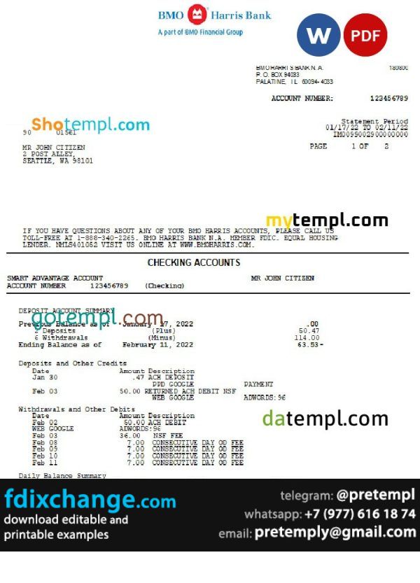 download USA BMO Harris bank statement template free fonts, 3 pages - Image 2