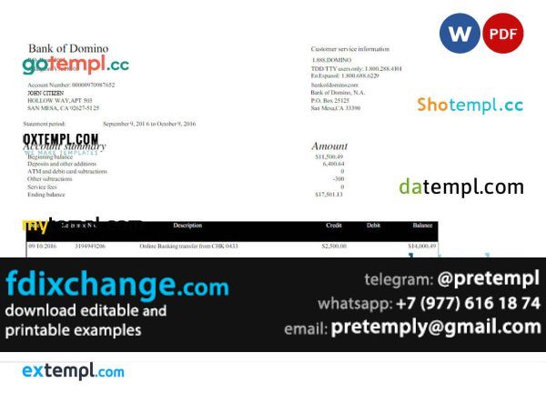 download USA BANK OF DOMINO bank statement template free fonts