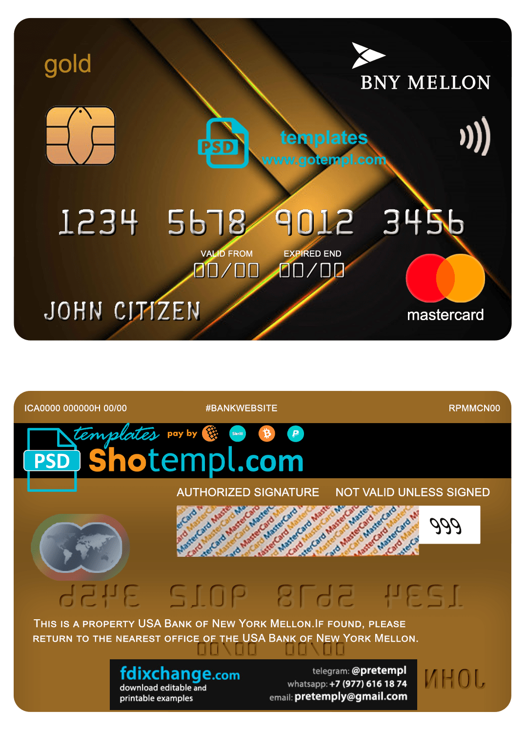 download USA Bank of New York Mellon mastercard gold fully editable template free fonts
