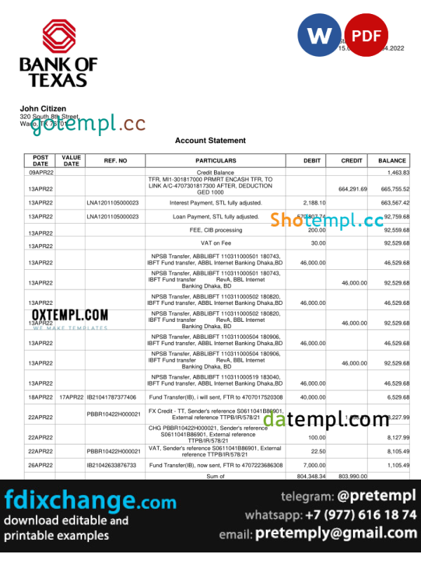 download USA Bank of Texas account statement template free fonts