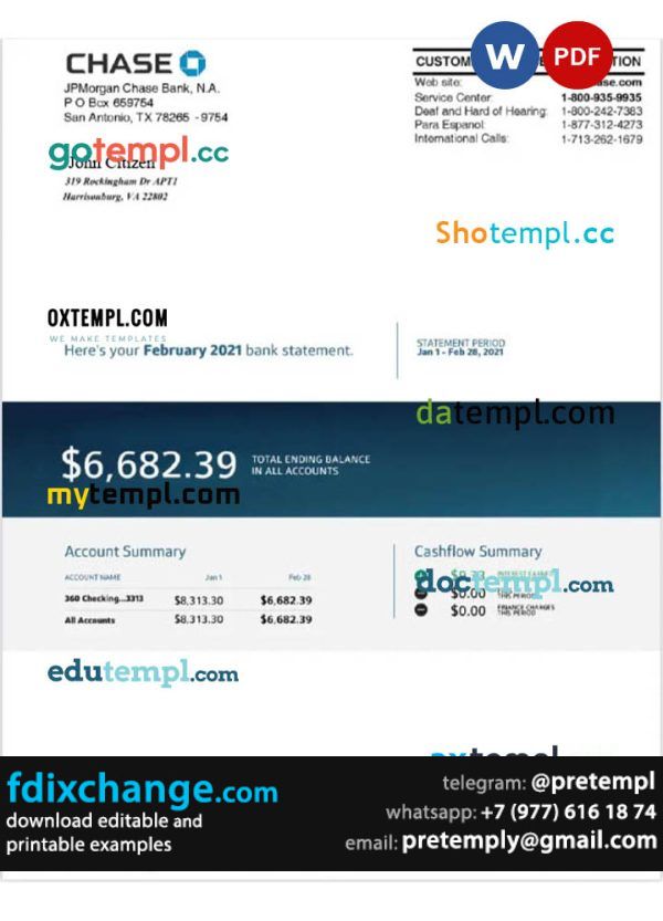 download USA CHASE bank statement template free fonts, version 2