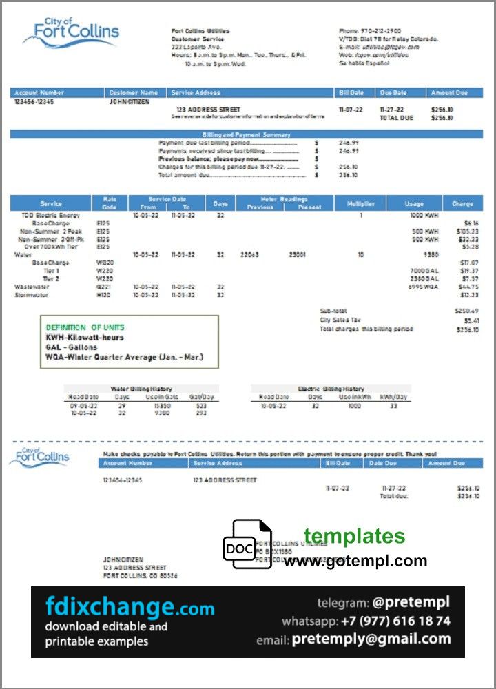 download USA Colorado Fort Collins Utilities utility bill template free fonts