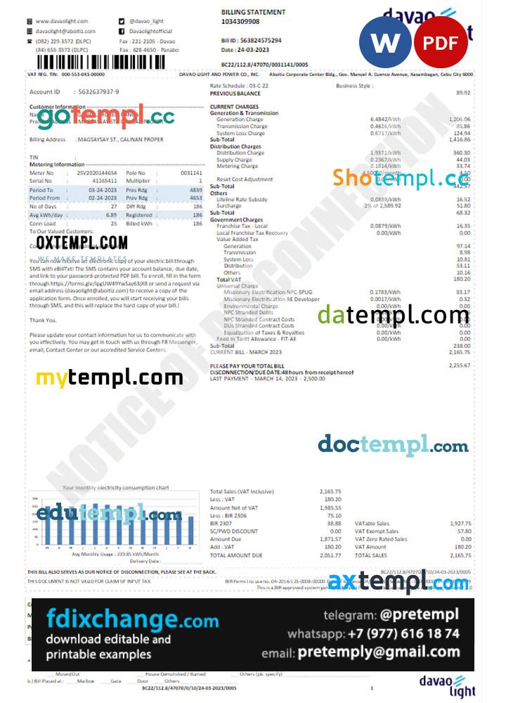 download USA DAVAO LIGHT utility bill template free fonts