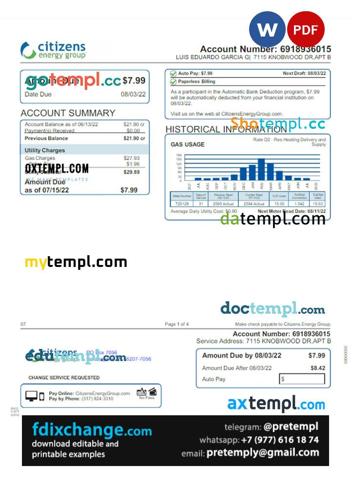 download USA INDIANAPOLIS CITIZENS ENERGY GROUP utility bill template free fonts